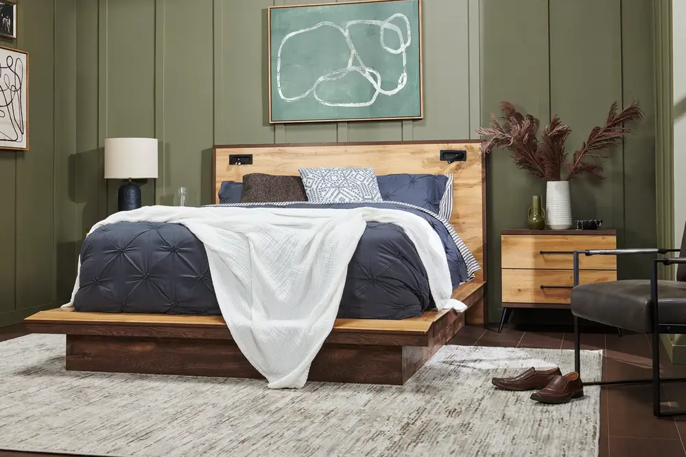 Modern bedroom with wood and natural textiles